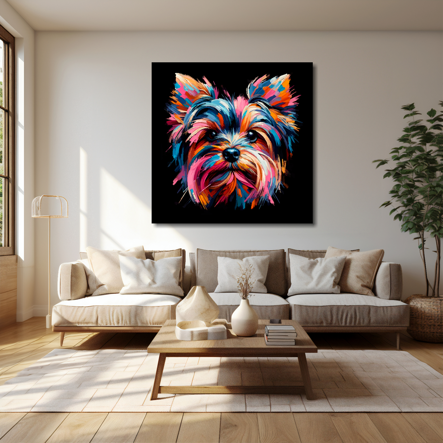 40 inch by 40 inch square canvas featuring a multi-coloured Yorkie Russell dog portrait. Mounted on a cream wall above a cream sofa with decorative pillows.