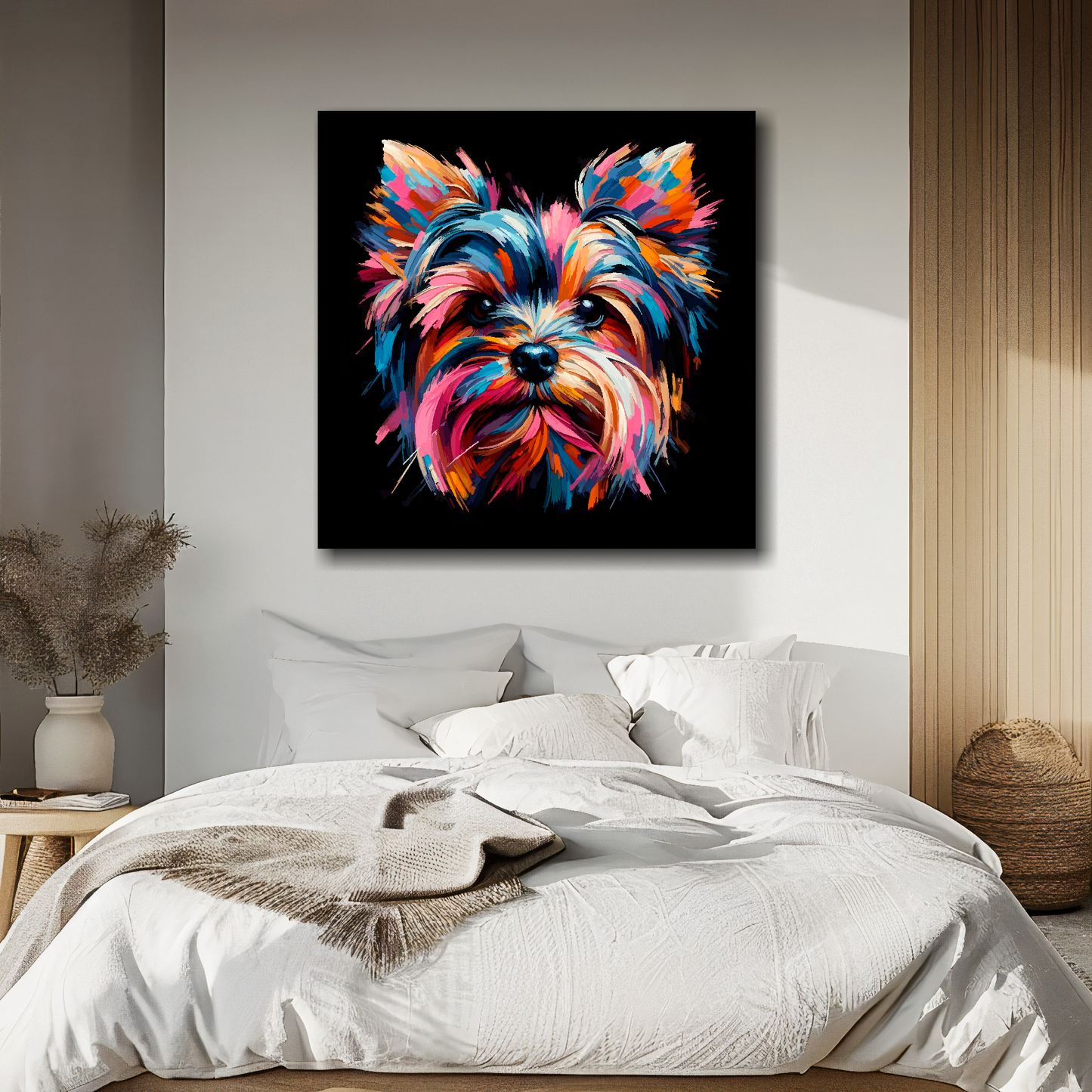 Square canvas featuring a multi-coloured Yorkie Russell dog portrait. Mounted on a white wall above a double bed.