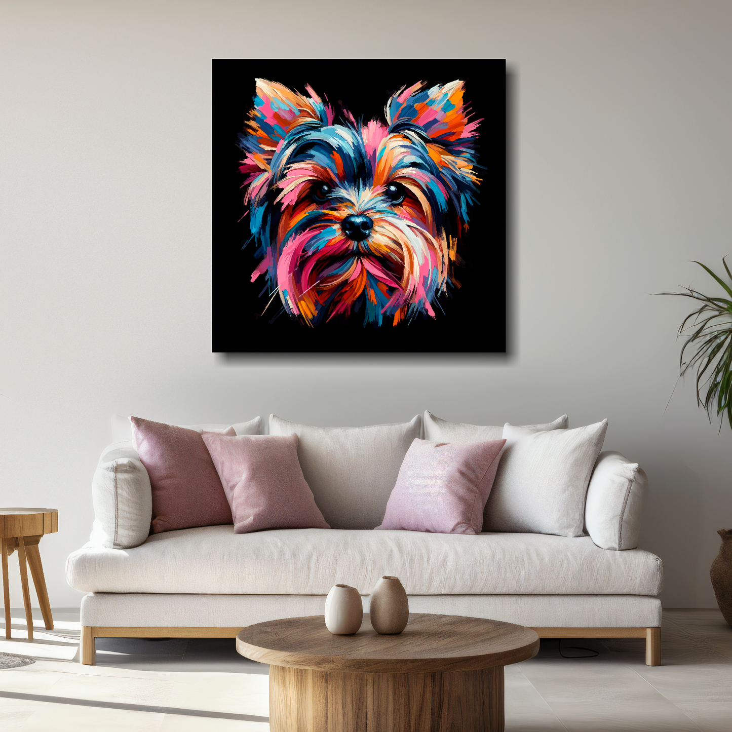 Large canvas featuring a multi-coloured Yorkie Russell dog portrait. Mounted on a white wall above a white sofa with decorative pillows.