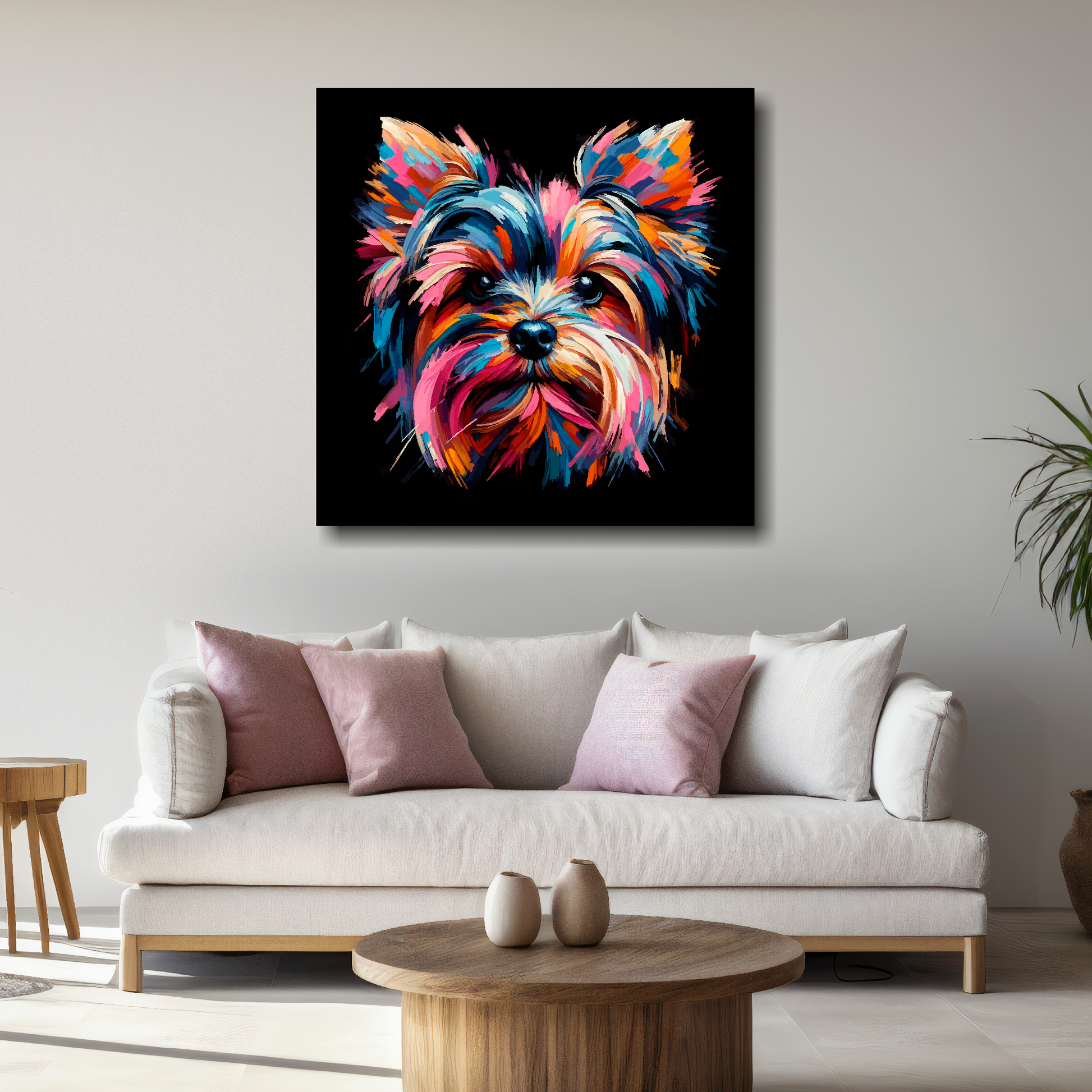 Large canvas featuring a multi-coloured Yorkie Russell dog portrait. Mounted on a white wall above a white sofa with decorative pillows.