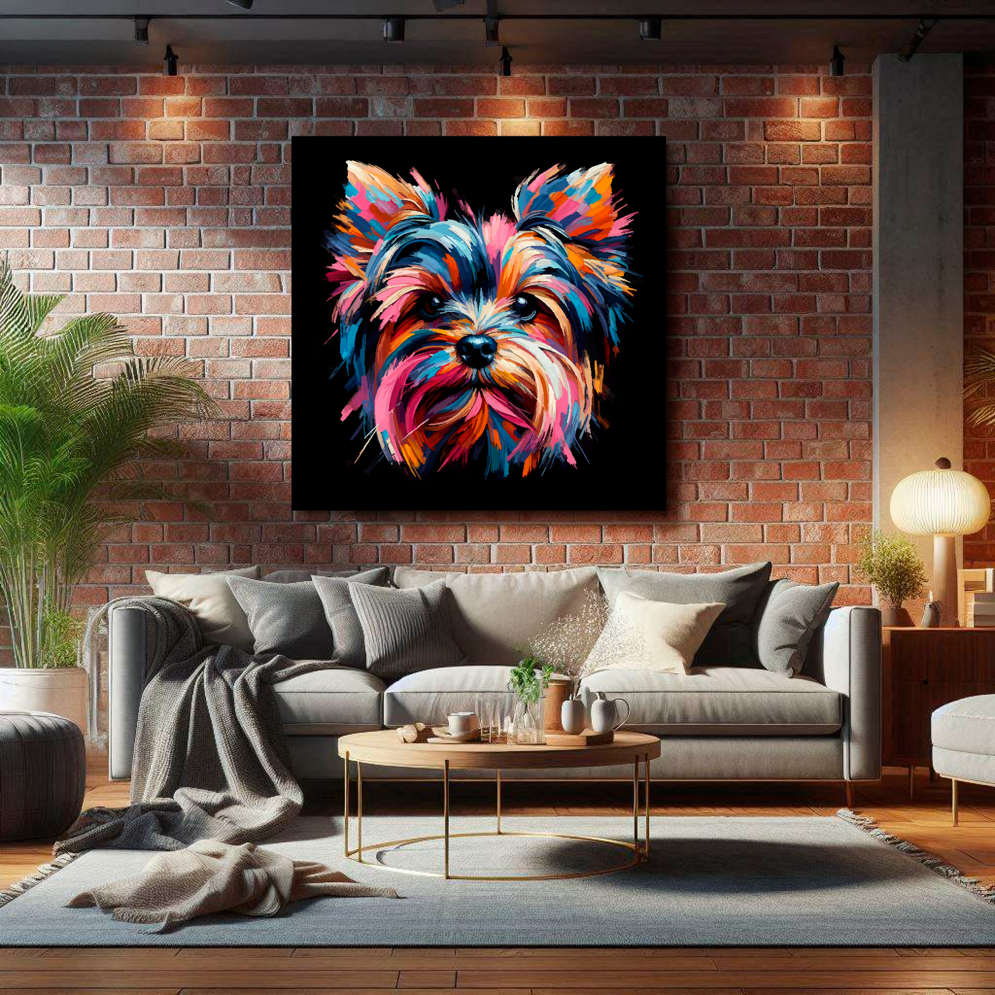 XL canvas featuring a multi-coloured Yorkie Russell dog portrait. Mounted on a brick wall above a grey sofa with decorative pillows.