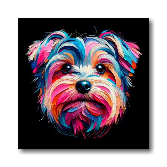 Colourful Yorkiepoo dog painting on a black background.