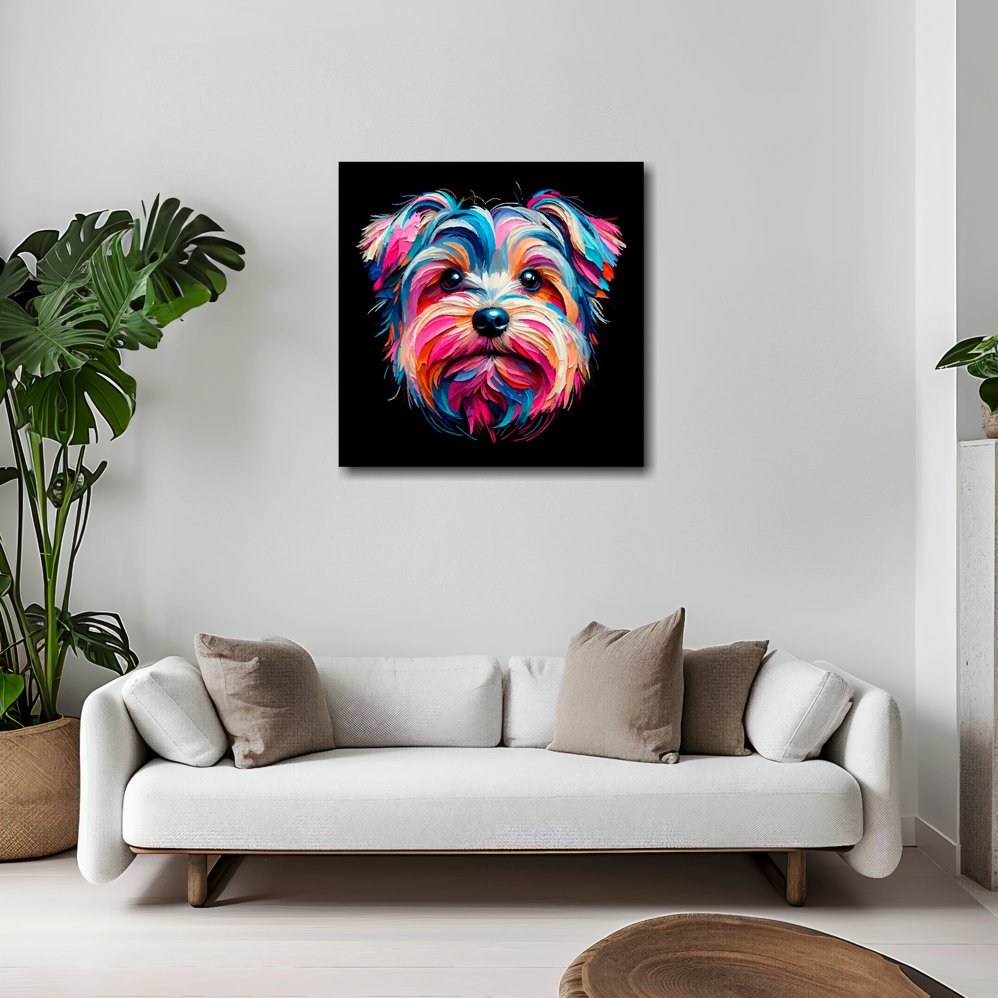 20 inch by 20 inch canvas print featuring a multi-coloured Yorkiepoo dog portrait. Mounted on a white wall above a white sofa with decorative pillows.