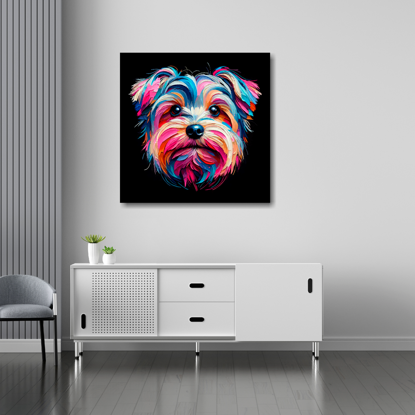 30 inch by 30 inch canvas print featuring a multi-coloured Yorkiepoo dog portrait. Mounted on a white wall above a white sideboard.