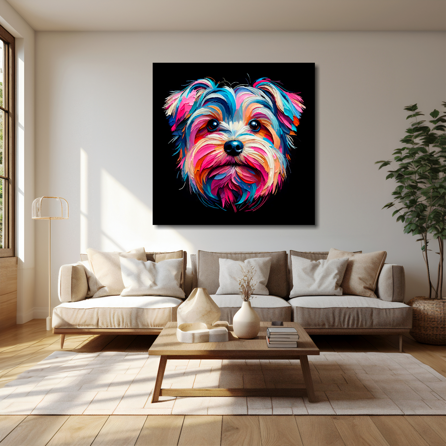 40 inch by 40 inch canvas print featuring a multi-coloured Yorkiepoo dog portrait. Mounted on a cream wall above a cream sofa with decorative pillows.