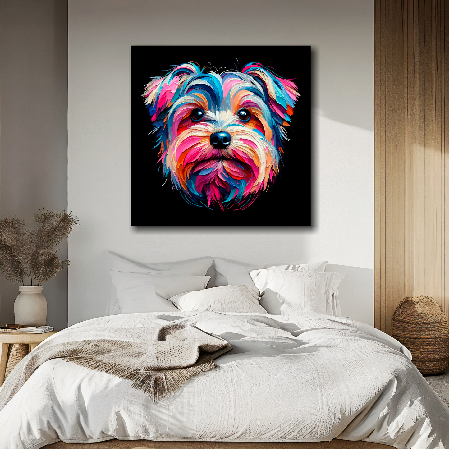 Canvas print featuring a multi-coloured Yorkiepoo dog portrait. Mounted on a white wall above a double bed.