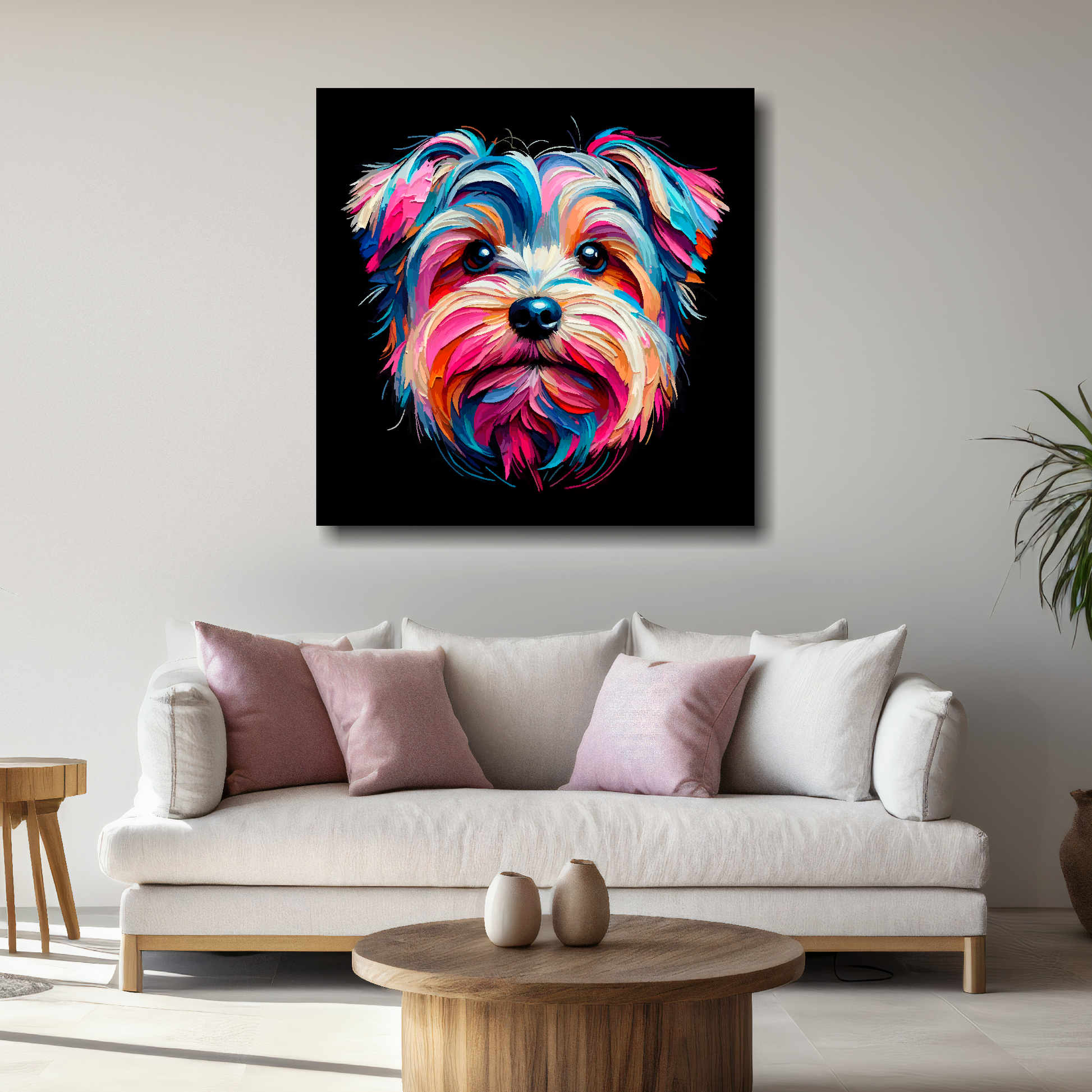 Large canvas print featuring a multi-coloured Yorkiepoo dog portrait. Mounted on a white wall above a white sofa with decorative pillows.