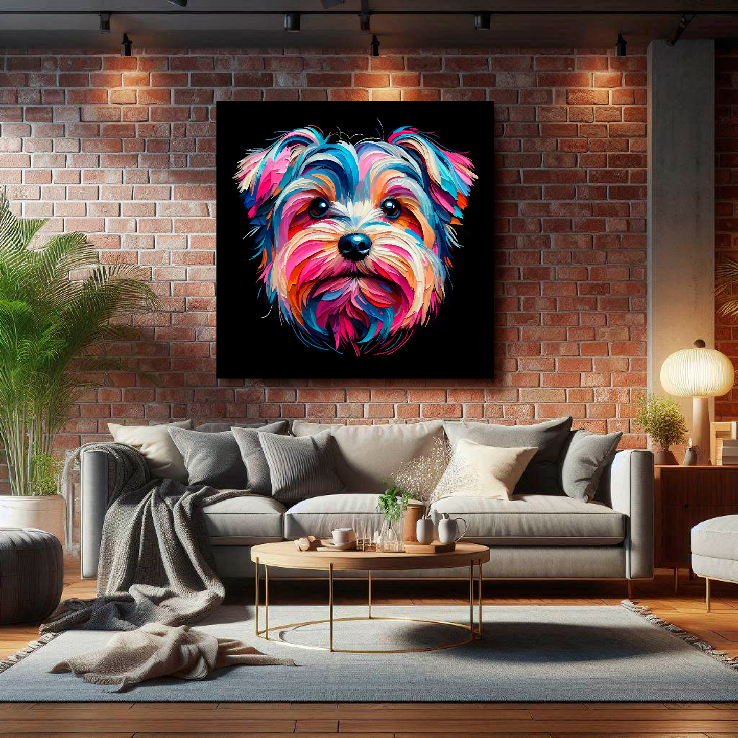 XL canvas print featuring a multi-coloured Yorkiepoo dog portrait. Mounted on a lounge brick wall above a grey sofa with decorative pillows.