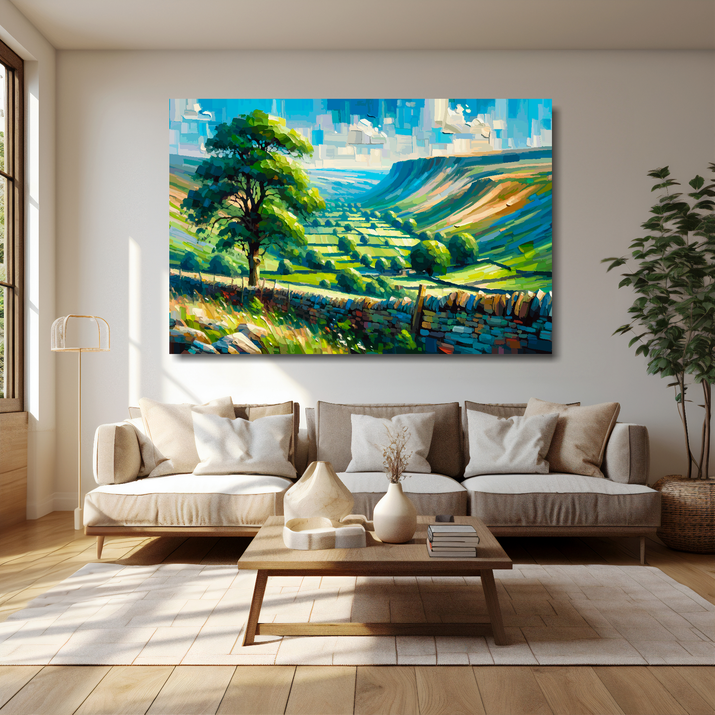 60 inch by 40 inch abstract canvas print of a Yorkshire Dales landscape. Mounted on a cream wall above a cream sofa with decorative pillows.