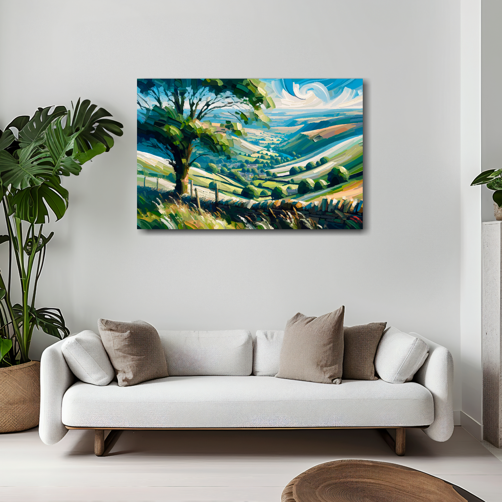 30 inch by 20 inch canvas print of a Yorkshire Dales abstract landscape. Mounted on a white wall above a white sofa with decorative pillows.