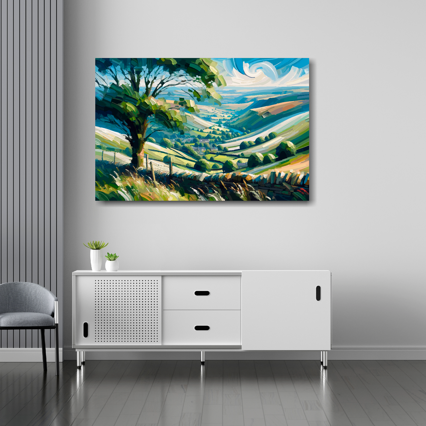36 inch by 24 inch canvas print of a Yorkshire Dales abstract landscape. Mounted on a white wall above a white sideboard.