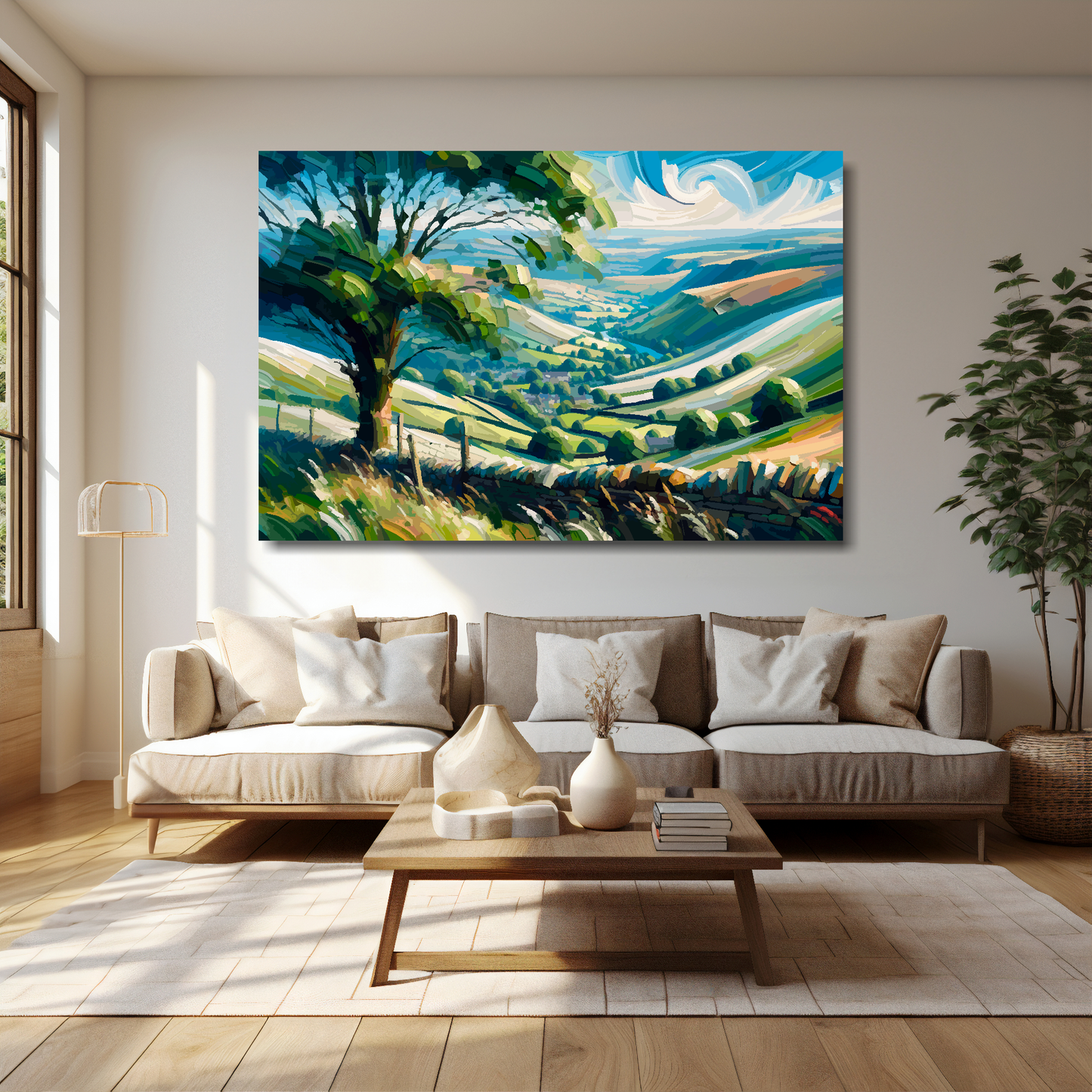 60 inch by 40 inch canvas print of a Yorkshire Dales abstract landscape. Mounted on a cream wall above a cream sofa with decorative pillows.