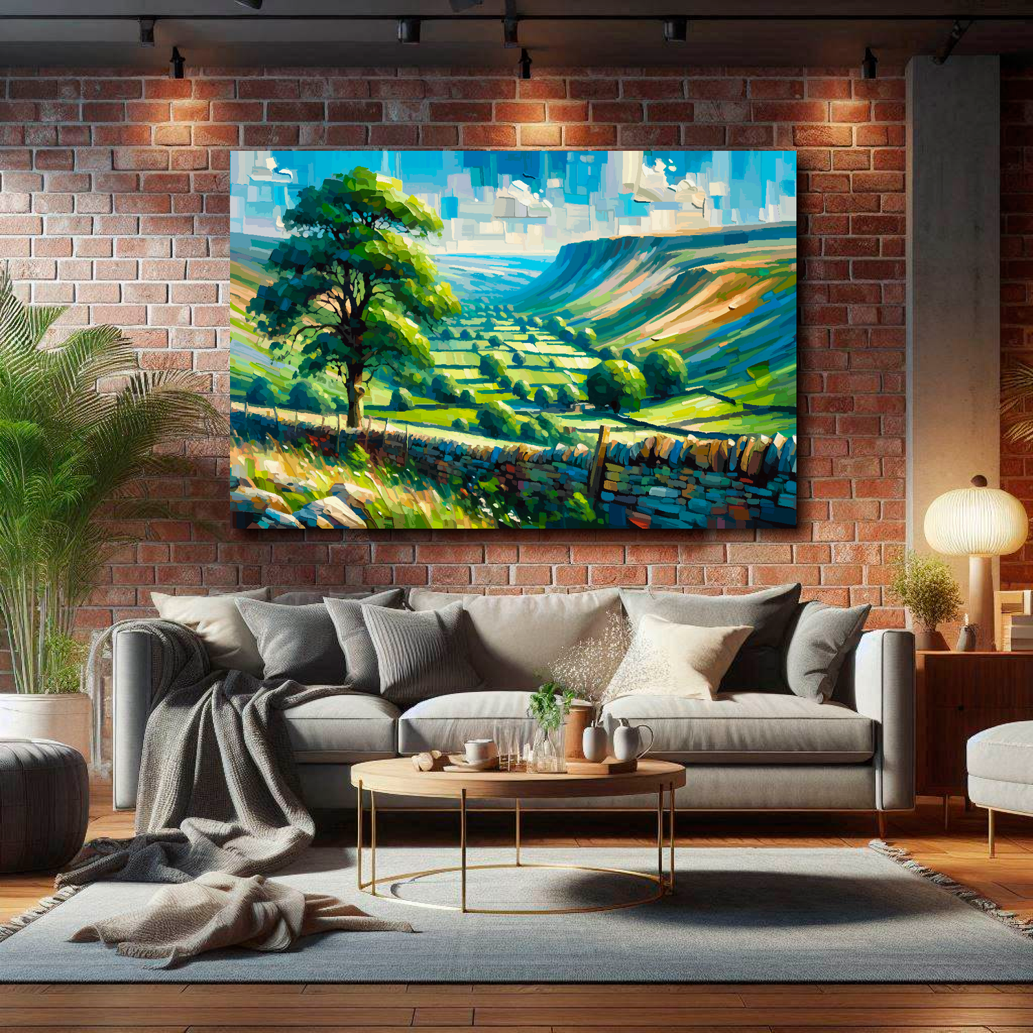 Huge abstract canvas print of a Yorkshire Dales landscape. Mounted on a brick wall above a gray sofa with decorative pillows.