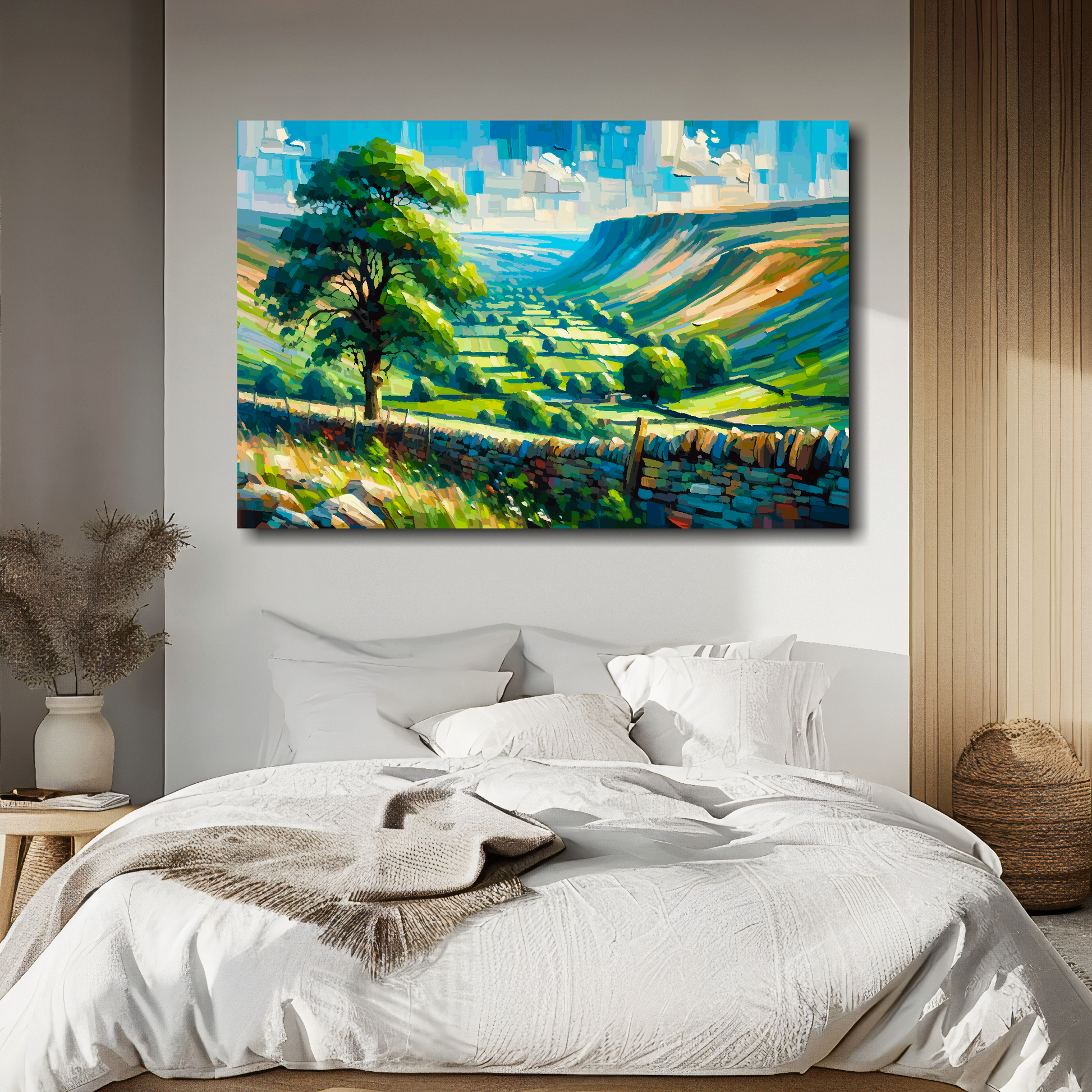 Abstract canvas print of a Yorkshire Dales landscape. Mounted on a white wall above a double bed.