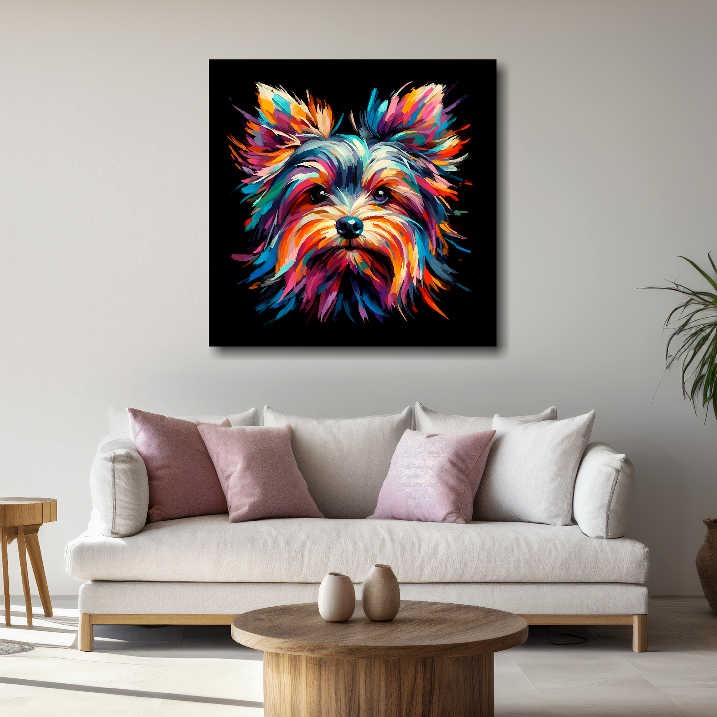 Large canvas wall art - A vibrant multi-coloured head portrait of a Yorkshire Terrier. Available in 3 large sizes.