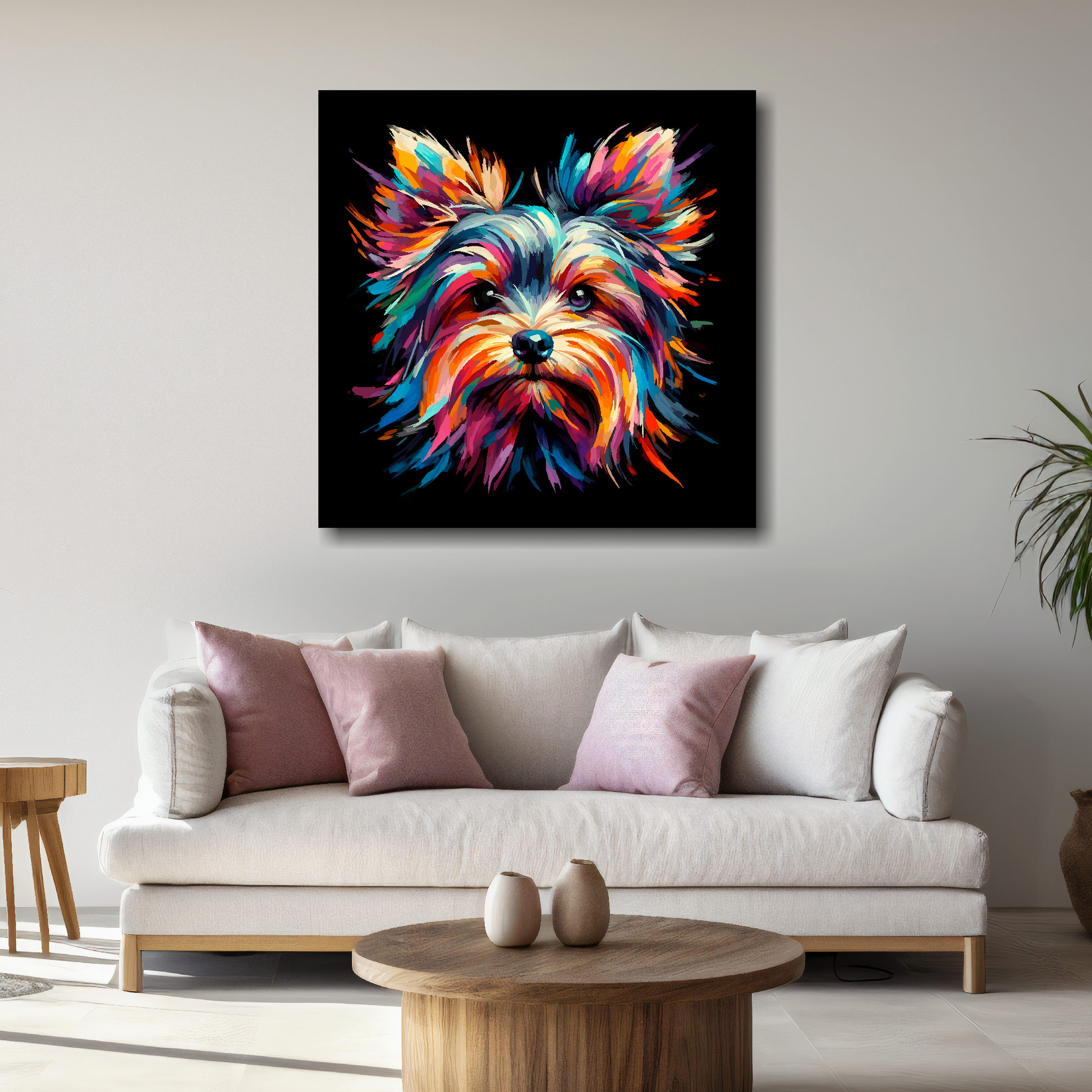 Large canvas wall art - A vibrant multi-coloured head portrait of a Yorkshire Terrier. Available in 3 large sizes.
