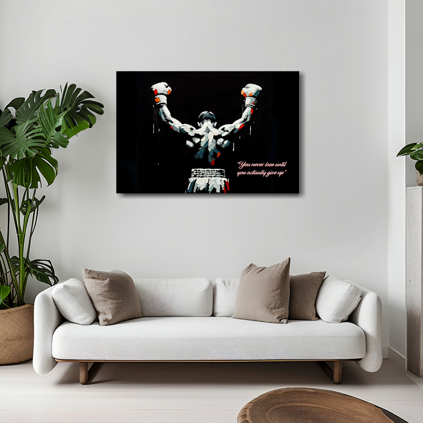 30 inch by 20 inch landscape canvas featuring a boxer with raised arms on a black background. Mounted on a white wall above a white sofa with decorative pillows.