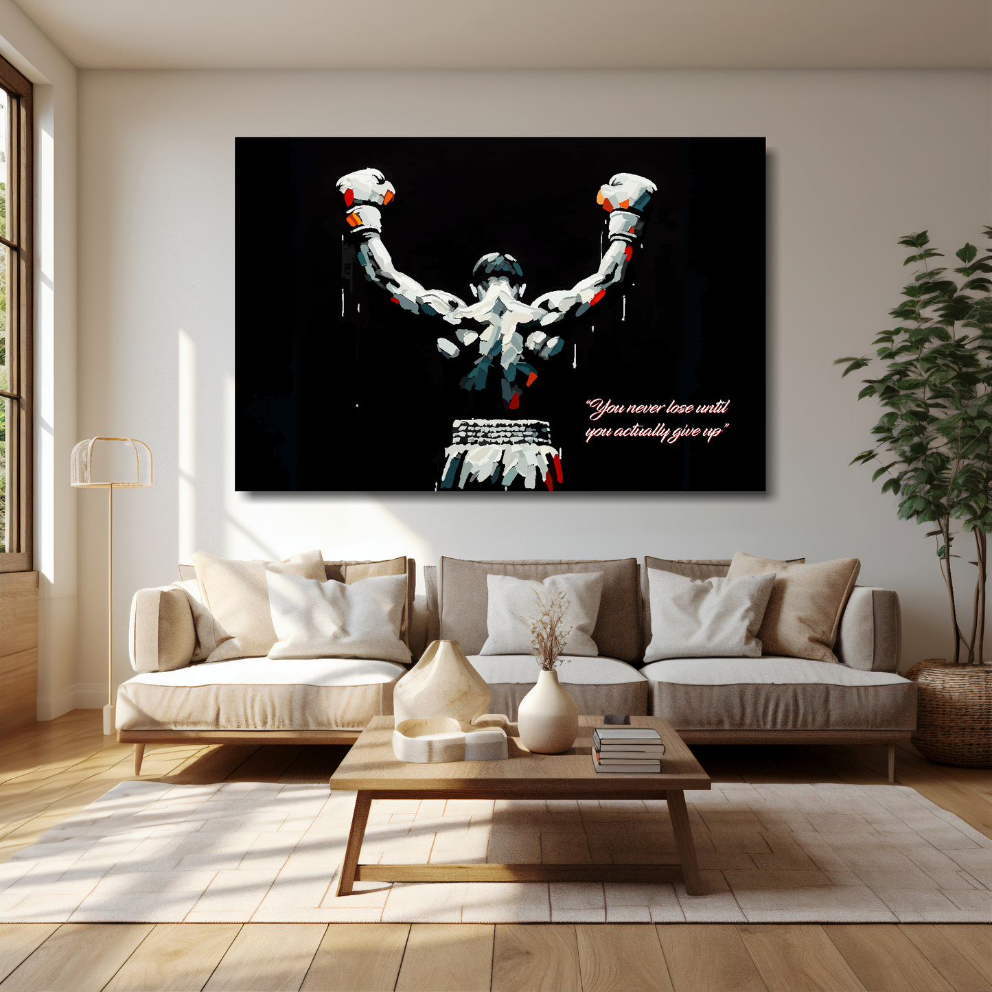 60 inch by 40 inch landscape canvas featuring a boxer with raised arms on a black background. Mounted on a cream wall above a cream sofa with decorative pillows.