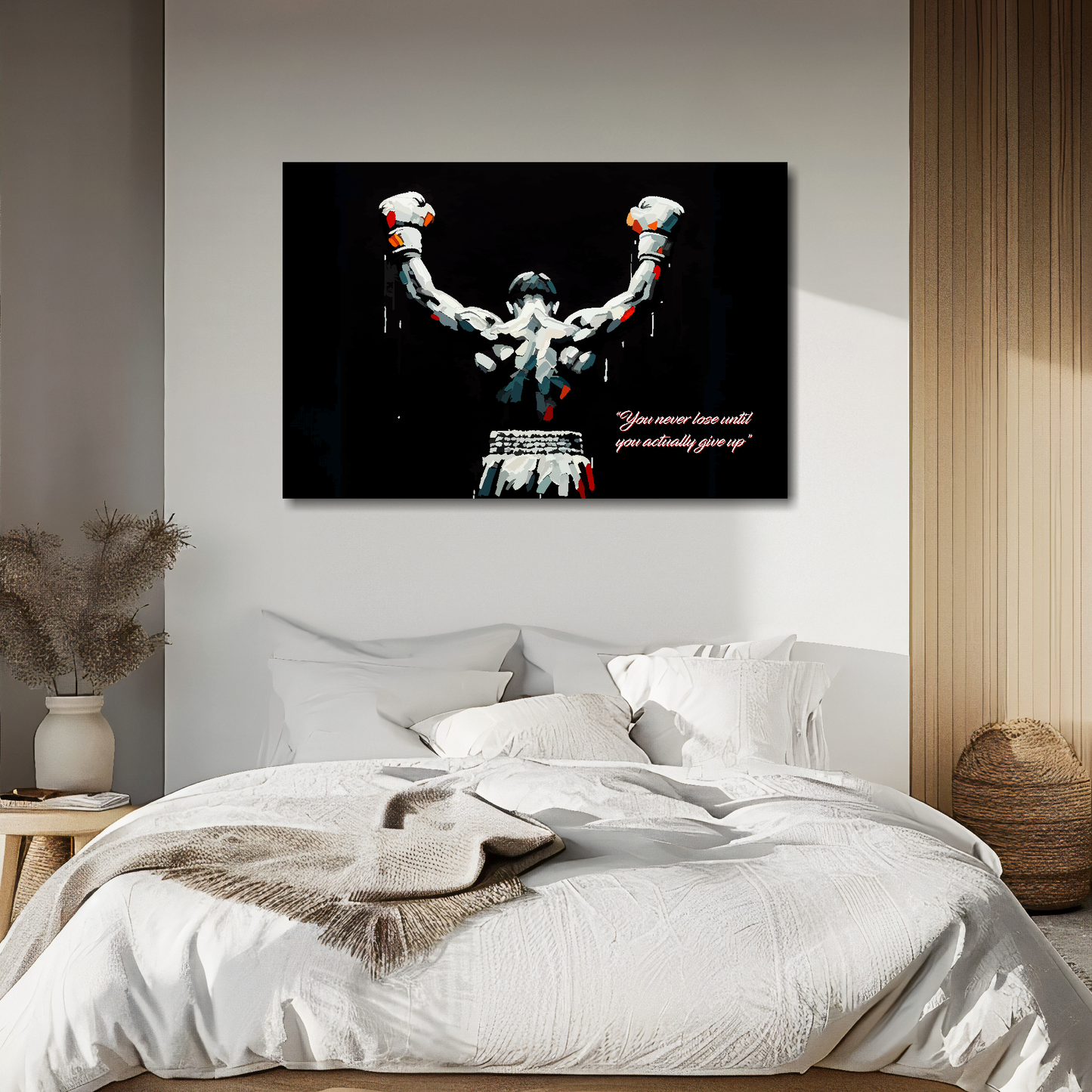 Large landscape canvas featuring a boxer with raised arms on a black background. Mounted on a white wall above a double bed.