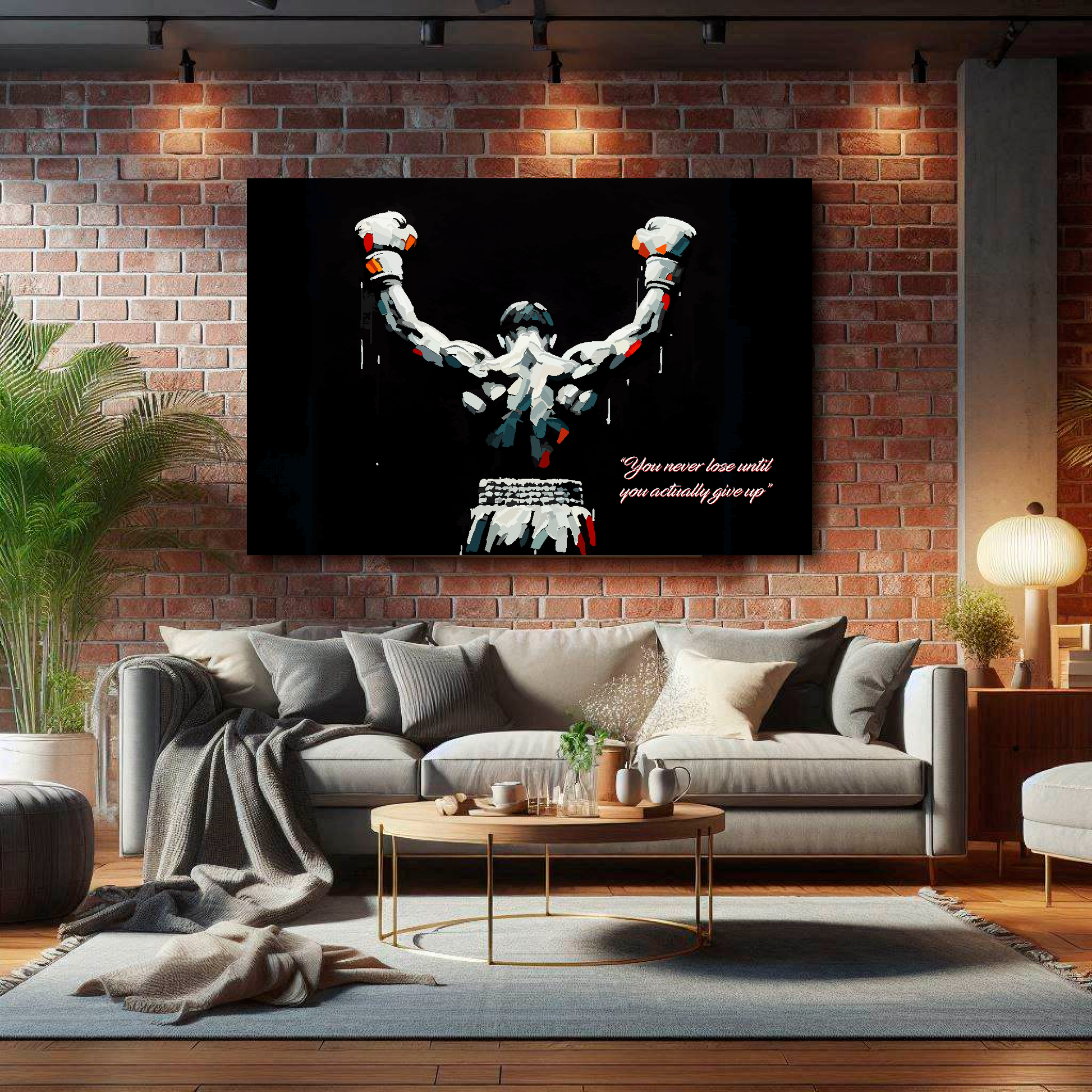 Landscape canvas featuring a boxer with raised arms on a black background. Mounted on a brick wall above a grey sofa with decorative pillows.