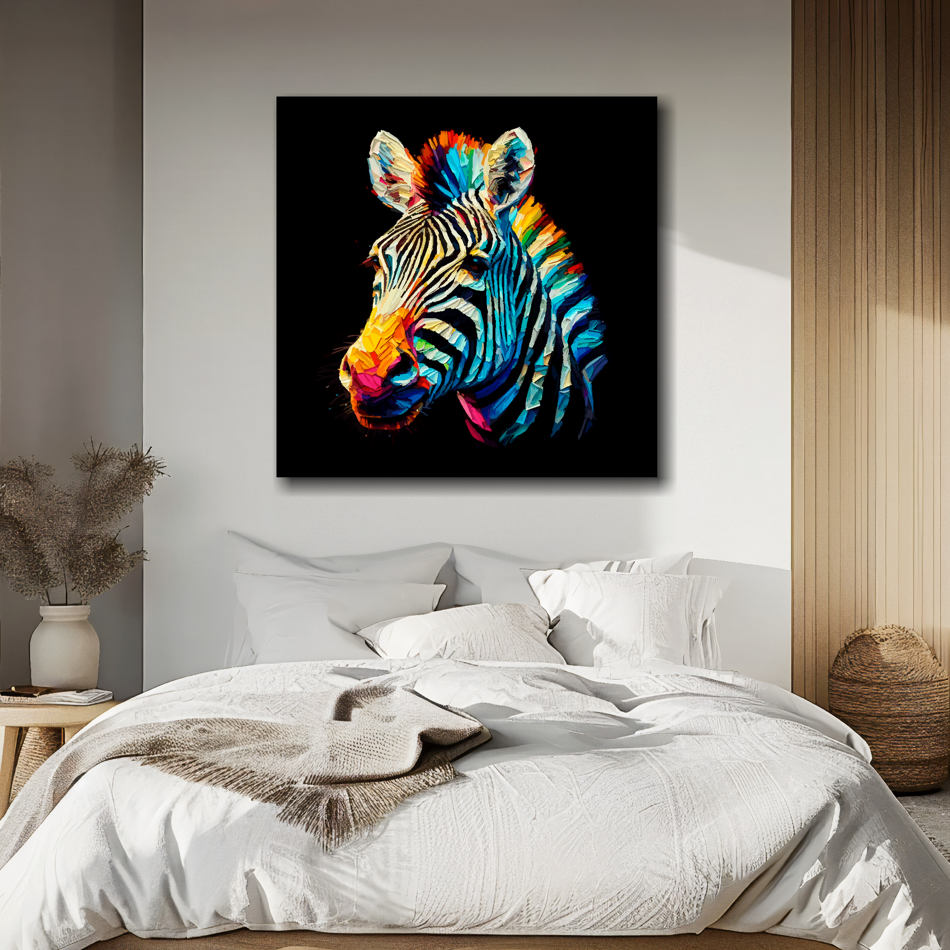 Large canvas print of a vibrant, multi-coloured Zebra on a black background, available in 3 sizes.