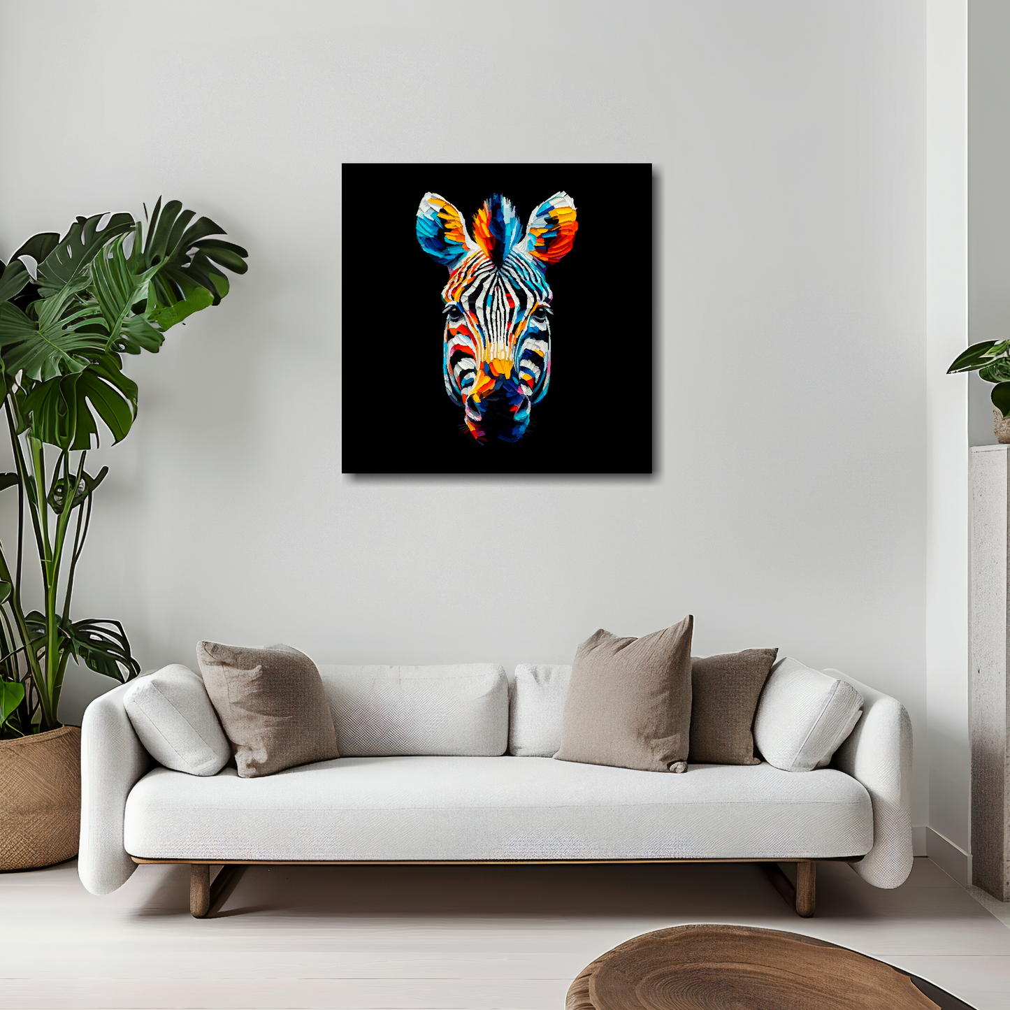 20 inch by 20 inch square canvas of a colouful Zebra head portrait on a black background. Mounted on a white wall above a white sofa with decorative pillows.