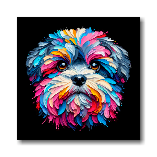 Colourful abstract painting of a Zuchon dog's face on a black background.