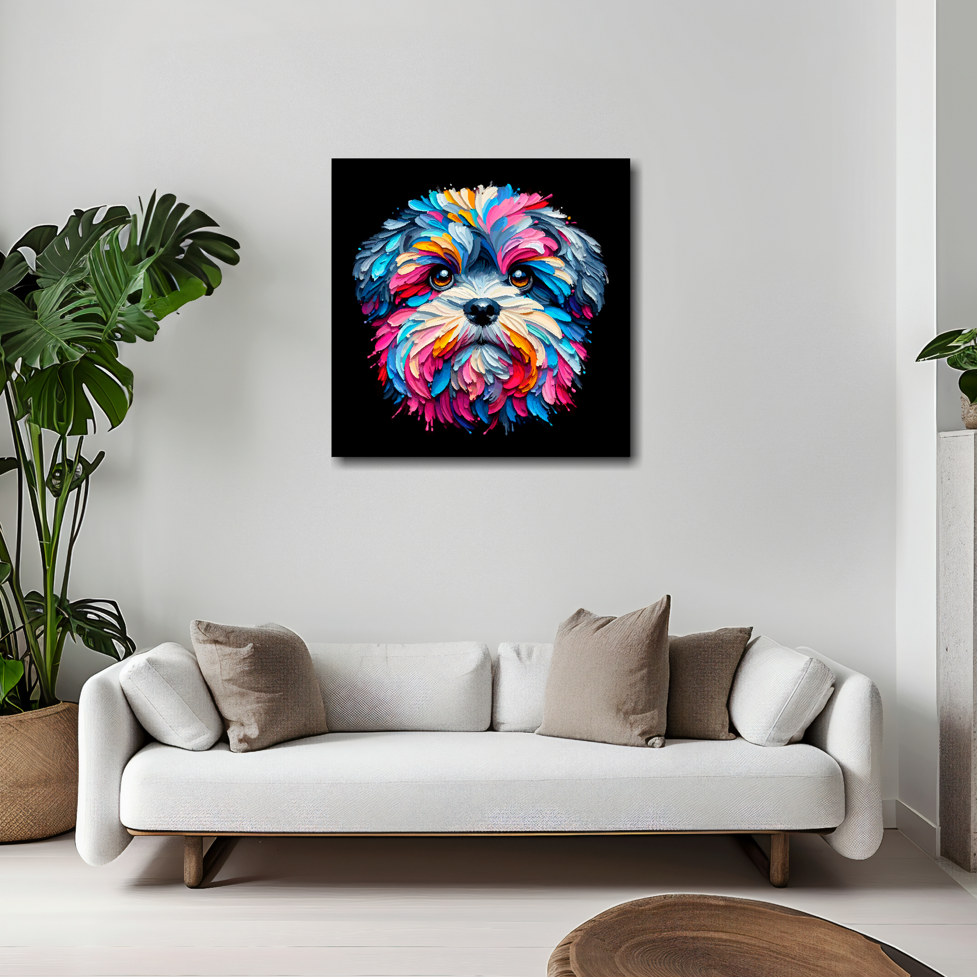 20 inch by 20 inch square canvas featuring a multi-coloured Zuchon dog portrait. Mounted on a white wall above a white sofa with decorative pillows.