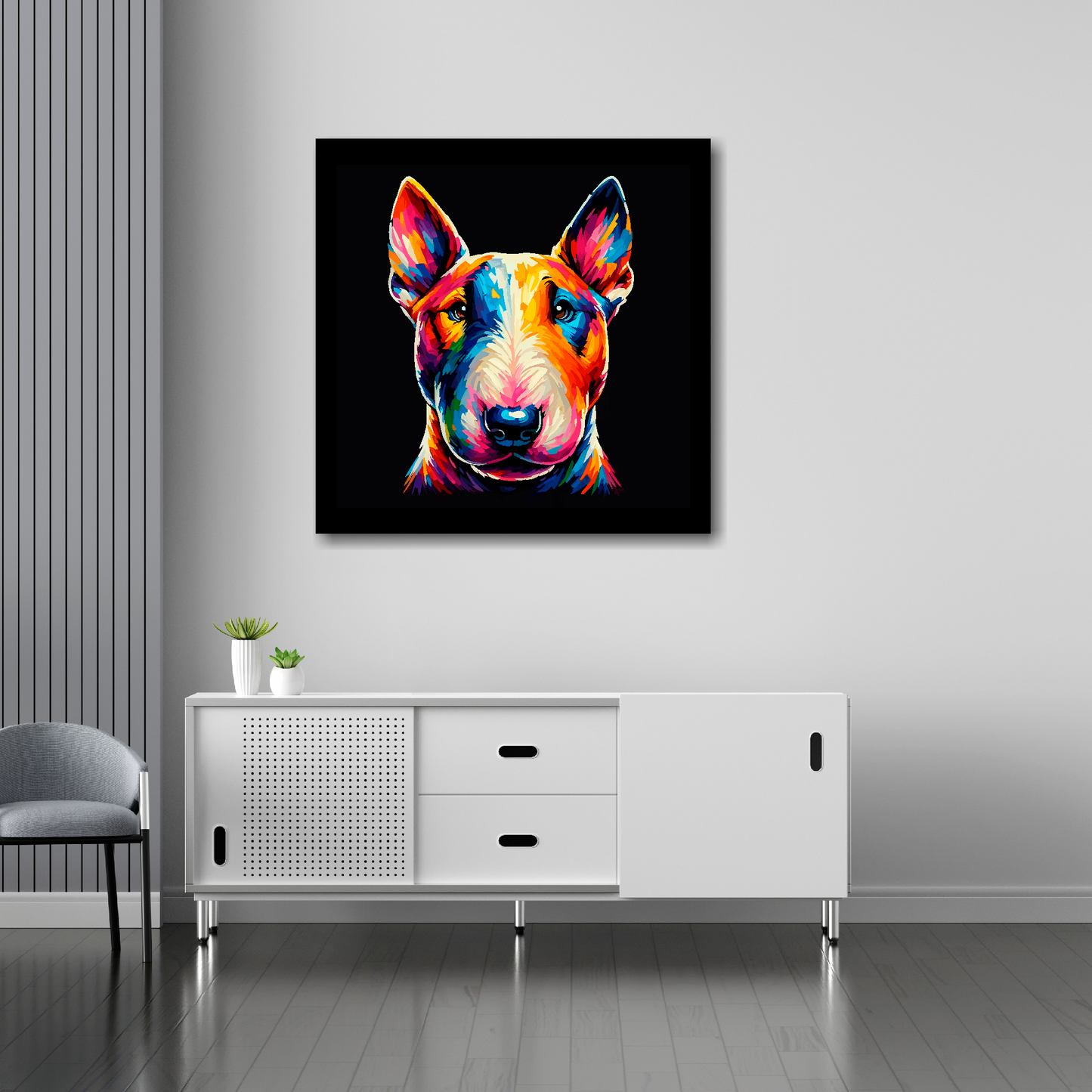 30 inch by 30 inch square canvas of a colourful Bull Terrier dog head portrait on a black background. Mounted on a white wall above a white sideboard.