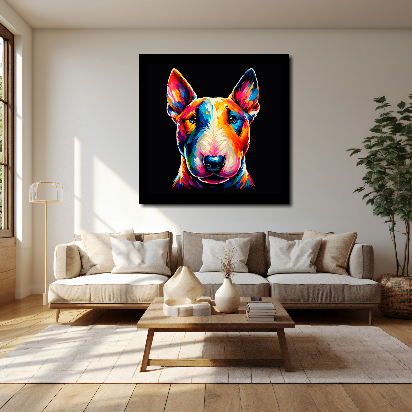 40 inch by 40 inch square canvas of a colourful Bull Terrier dog head portrait on a black background. Mounted on a white wall above a cream sofa with decorative pillows.
