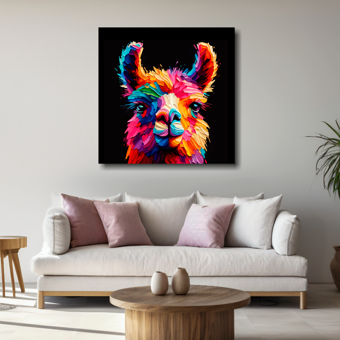 Large canvas wall art - Colourful Llama portrait on a black background. Available in 3 large sizes.